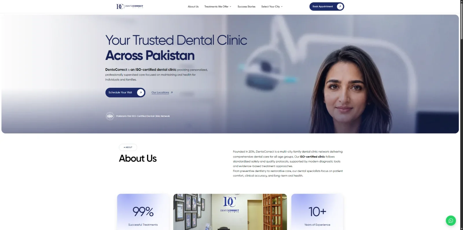 The clinic group’s rebuilt website: homepage with a booking button, city menu and WhatsApp button