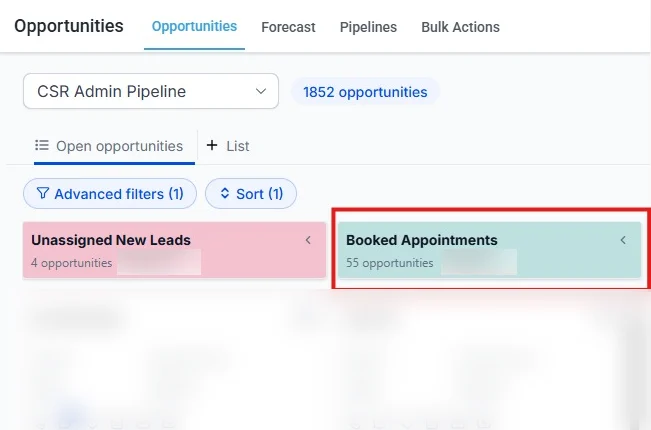 GoHighLevel pipeline showing 55 booked appointments; lead names blurred